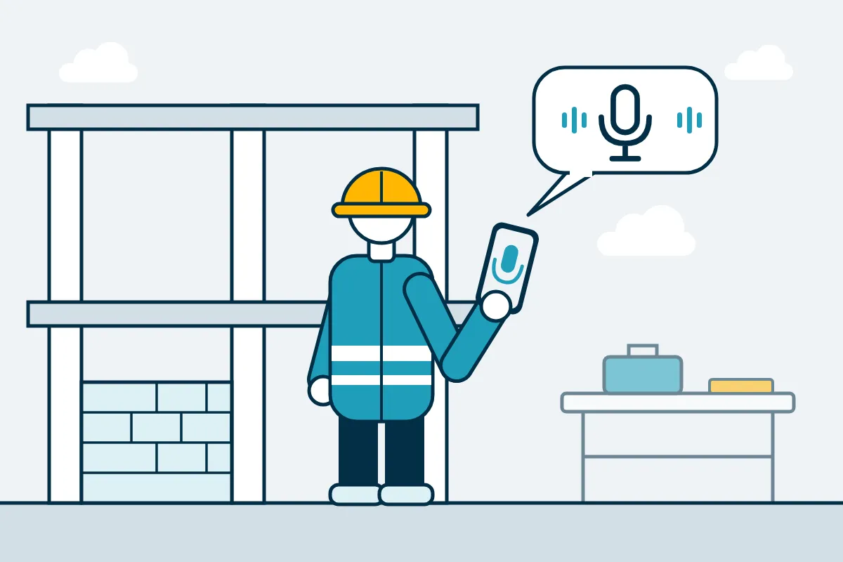 Illustration: Ein Mann in Arbeitskleidung auf der Baustelle spricht eine Sprachnachricht in sein Smartphone
