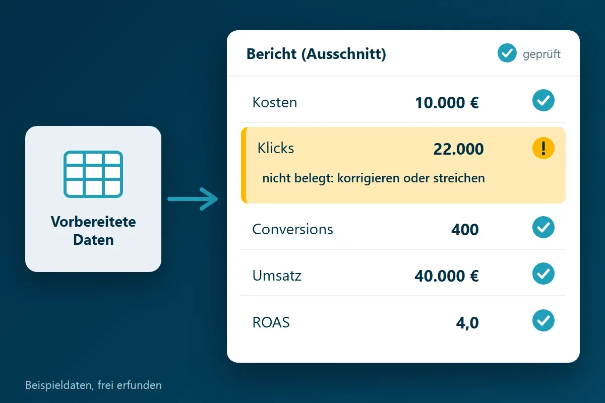 Berichtausschnitt mit geprüften Zahlen; eine nicht belegbare Zahl ist markiert (Beispieldaten)