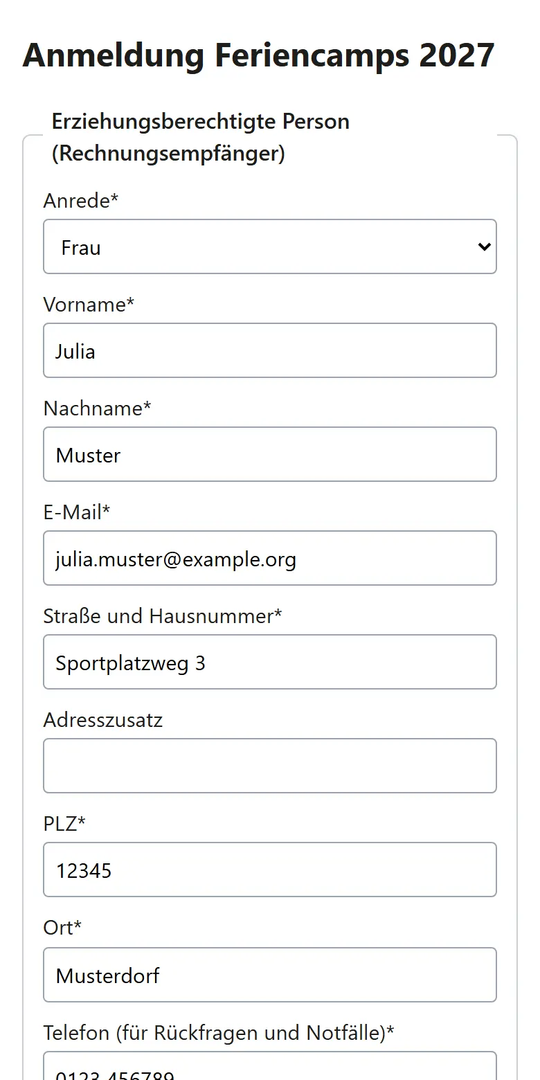 Anmeldeformular auf dem Smartphone: Angaben der Eltern