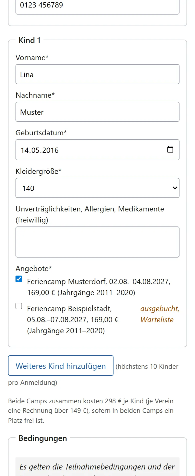 Anmeldeformular auf dem Smartphone: Angaben zum Kind und passende Angebote nach Jahrgang