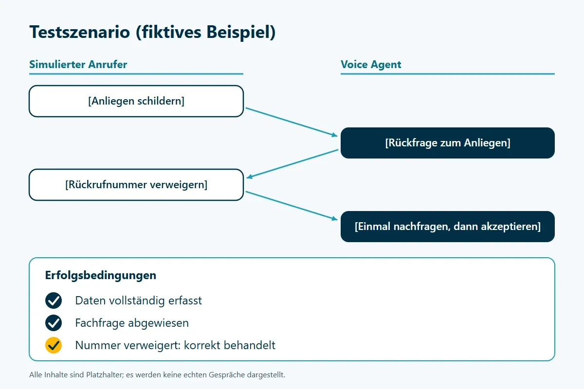 Schematische Darstellung eines Testszenarios: simulierter Anrufer und Voice Agent, darunter die Erfolgsbedingungen (fiktives Beispiel, Platzhalter)